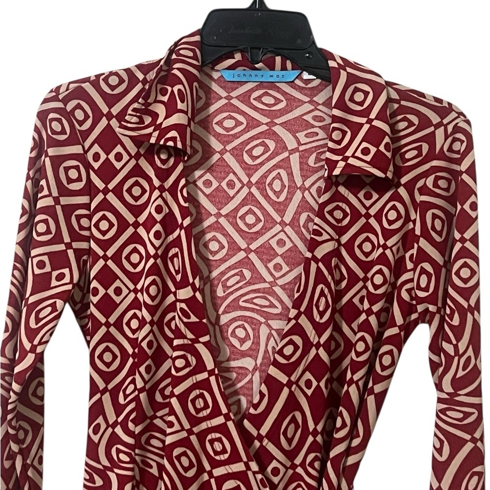 Johnny Was red and tan geometric print long sleeve wrap dress vintage 70s boho - Picture 5 of 15